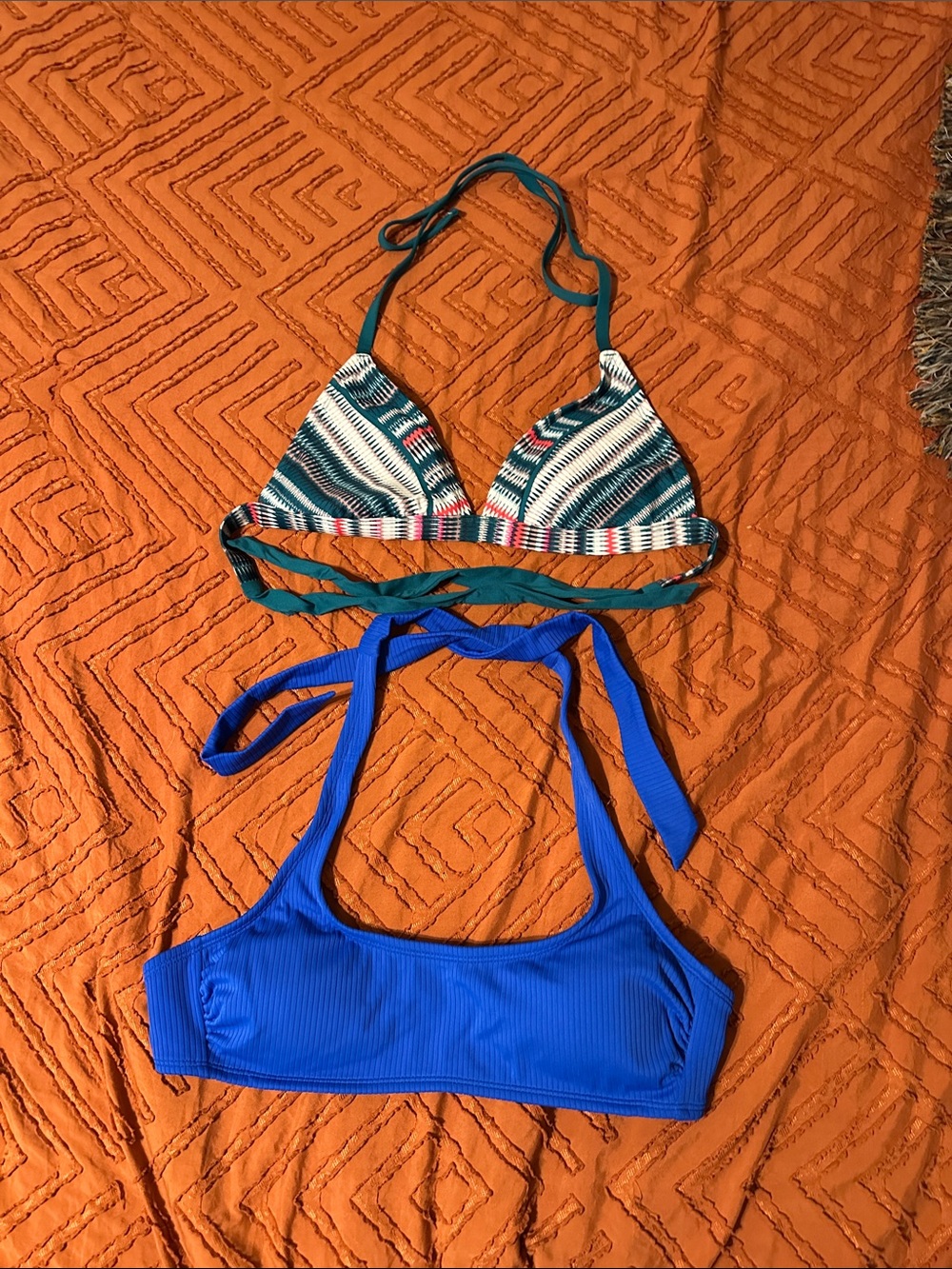 Two-Piece Bikini Tops - Patterned Green & Bright Blue